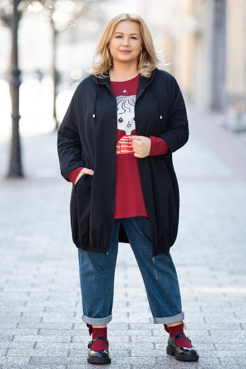 Макси суитшърт с цип в черно с качулка и джобове