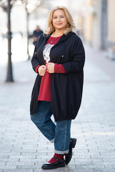 Макси суитшърт с цип в черно с качулка и джобове