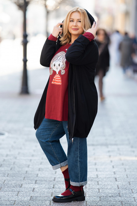 Макси суитшърт с цип в черно с качулка и джобове