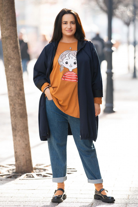 Макси суитшърт с цип в тъмносиньо с качулка и джобове