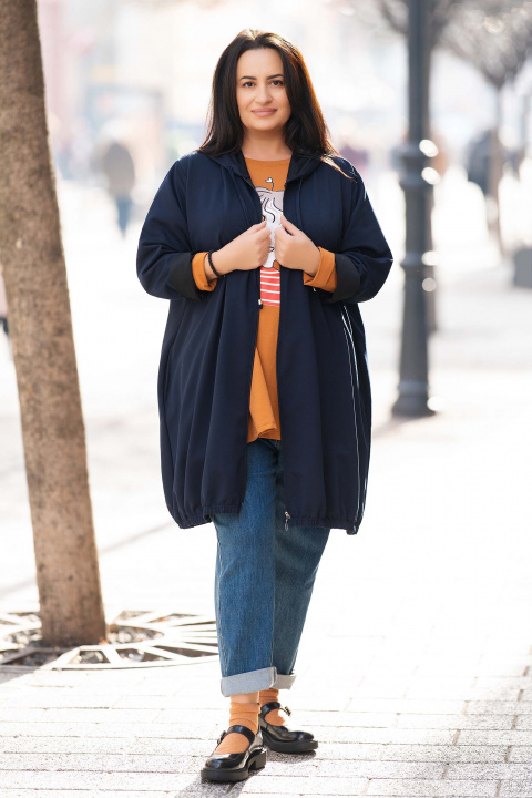 Макси суитшърт с цип в тъмносиньо с качулка и джобове