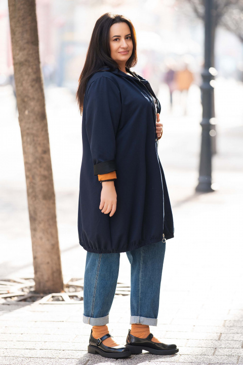 Макси суитшърт с цип в тъмносиньо с качулка и джобове