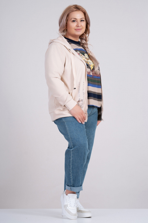 МАКСИ суитшърт в светлобежово с качулка и връзки и сребрист надпис