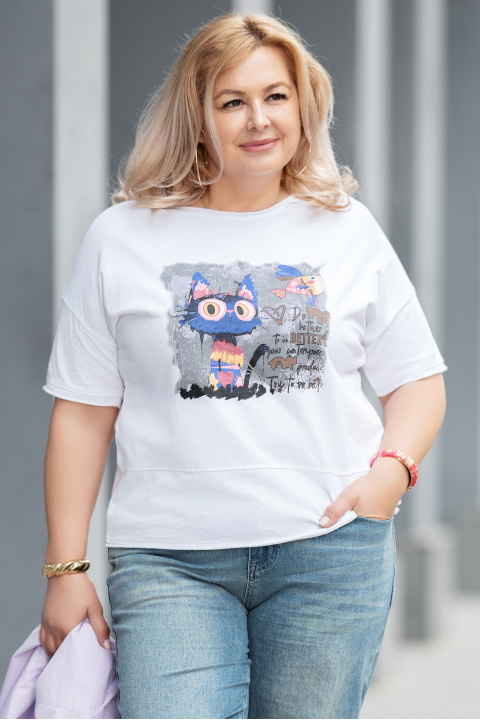Макси тениска от памук в бяло с анимирана щампа с котка