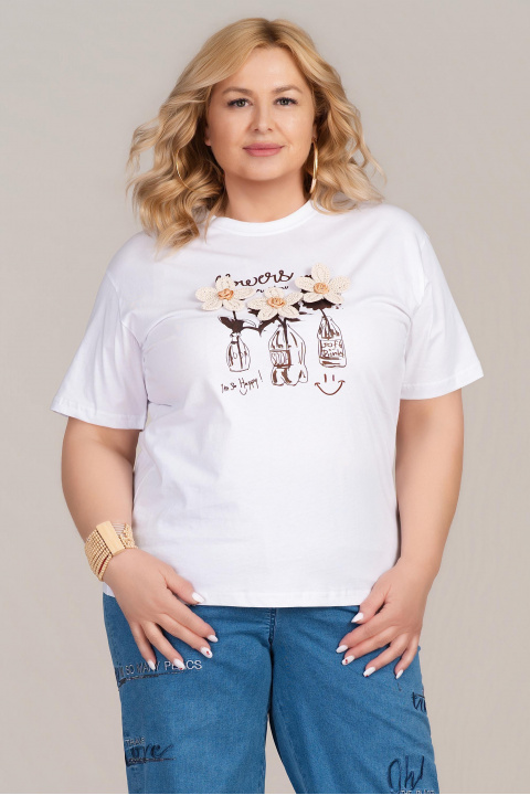 Макси тениска от памук в бяло с щампа, надпис и флорална 3Д бродерия