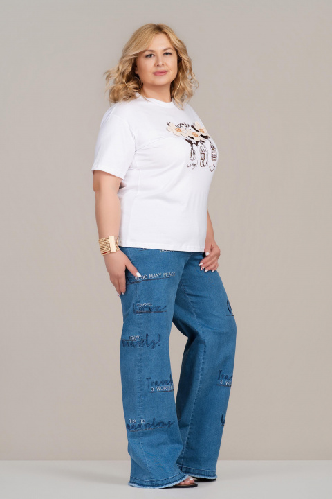 Макси тениска от памук в бяло с щампа, надпис и флорална 3Д бродерия