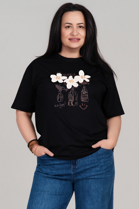 Макси тениска от памук в черно с щампа, надпис и флорална 3Д бродерия