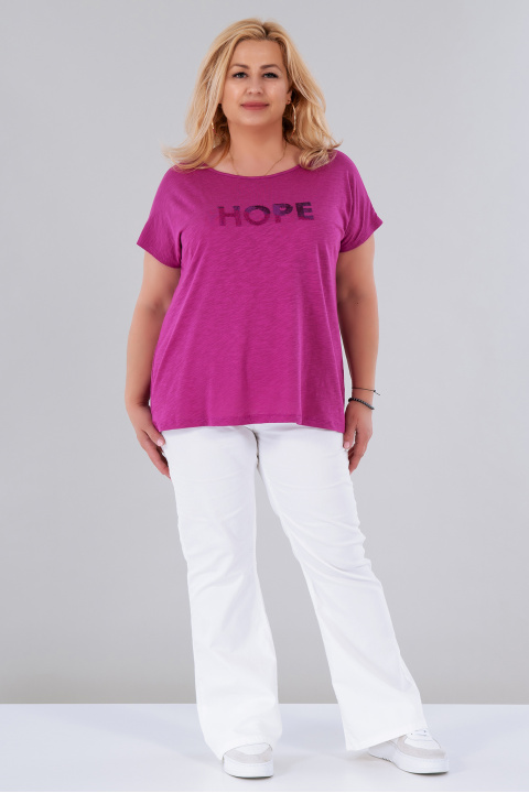 МАКСИ тениска от памук в цикламено розово с надпис от пайети