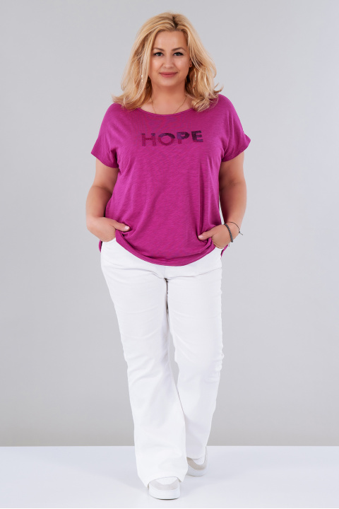 МАКСИ тениска от памук в цикламено розово с надпис от пайети