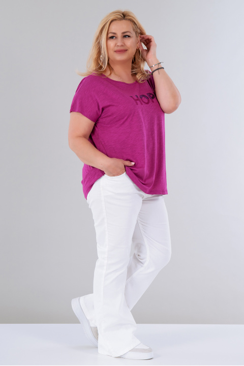 МАКСИ тениска от памук в цикламено розово с надпис от пайети