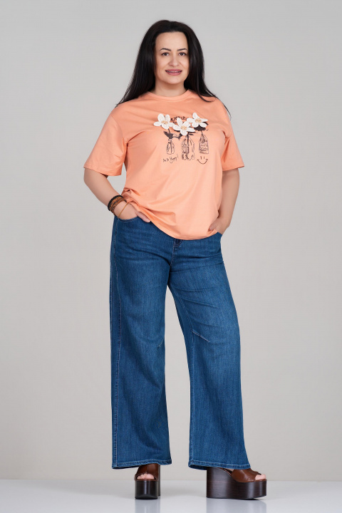 Макси тениска от памук в цвят праскова с щампа, надпис и флорална 3Д бродерия