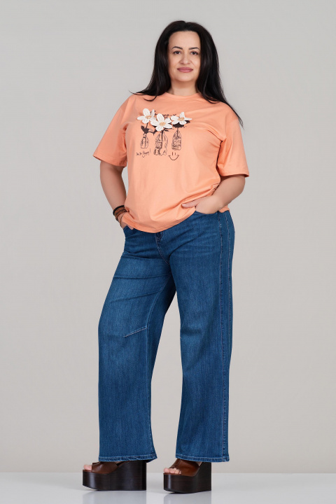 Макси тениска от памук в цвят праскова с щампа, надпис и флорална 3Д бродерия