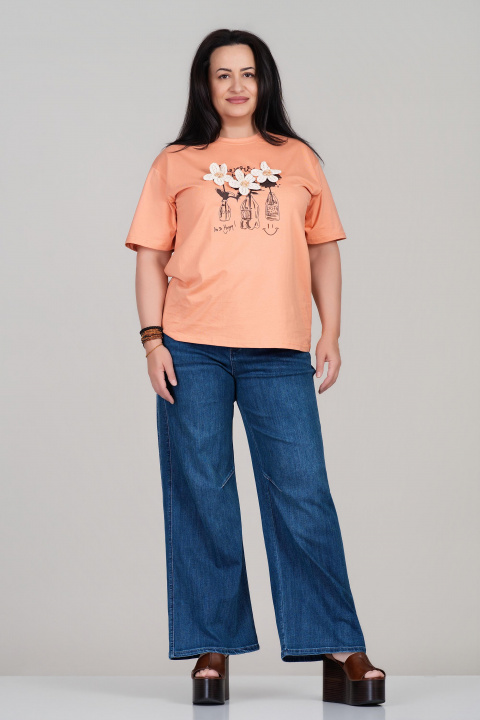 Макси тениска от памук в цвят праскова с щампа, надпис и флорална 3Д бродерия