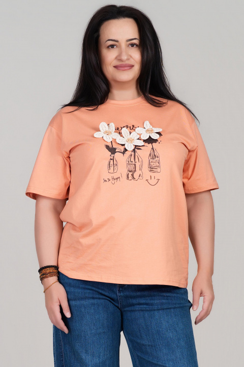 Макси тениска от памук в цвят праскова с щампа, надпис и флорална 3Д бродерия