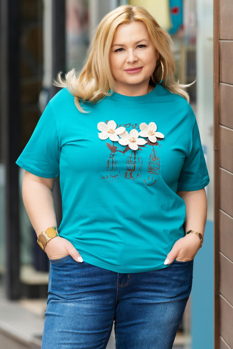 Макси тениска от памук в цвят тюркоаз с щампа, надпис и флорална 3Д бродерия