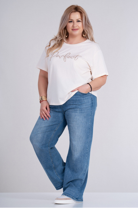 МАКСИ тениска от памук в цвят ванилия с лъскав надпис