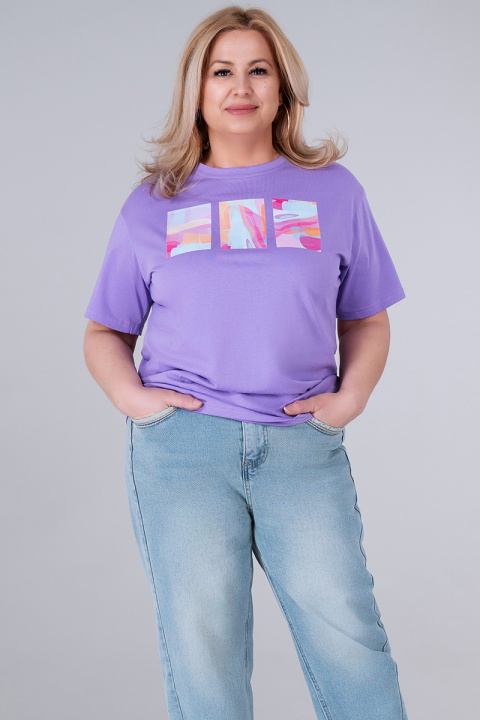 МАКСИ тениска от памук в лилаво с щампа правоъгълници с акварелен принт