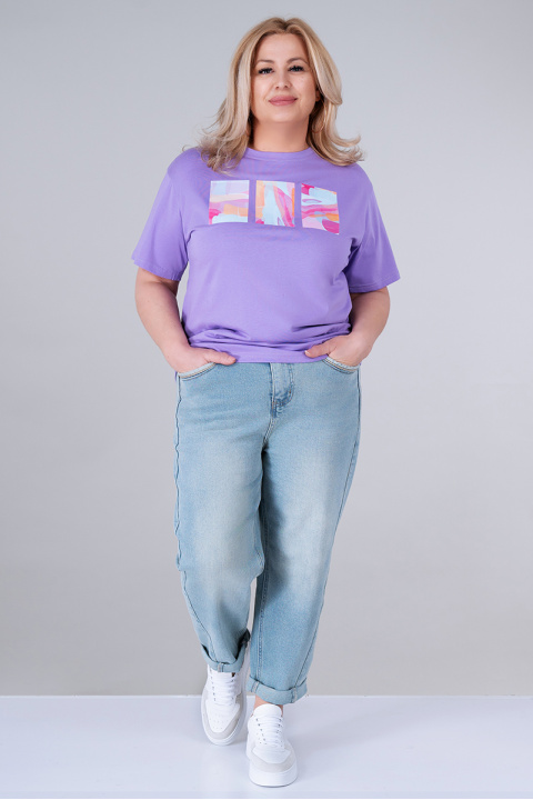 МАКСИ тениска от памук в лилаво с щампа правоъгълници с акварелен принт