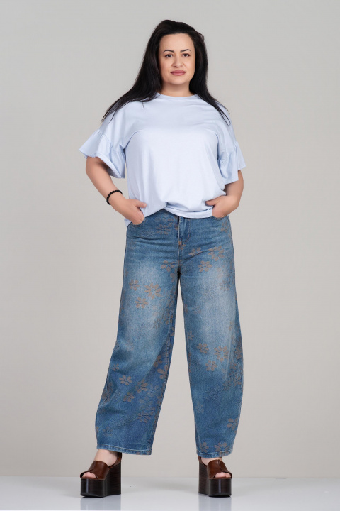 Макси тениска от памук в светлосиньо със свободна кройка и харбали на ръкавите