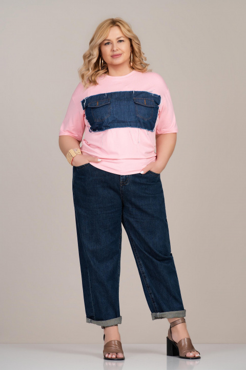 МАКСИ тениска в розово с апликация от деним