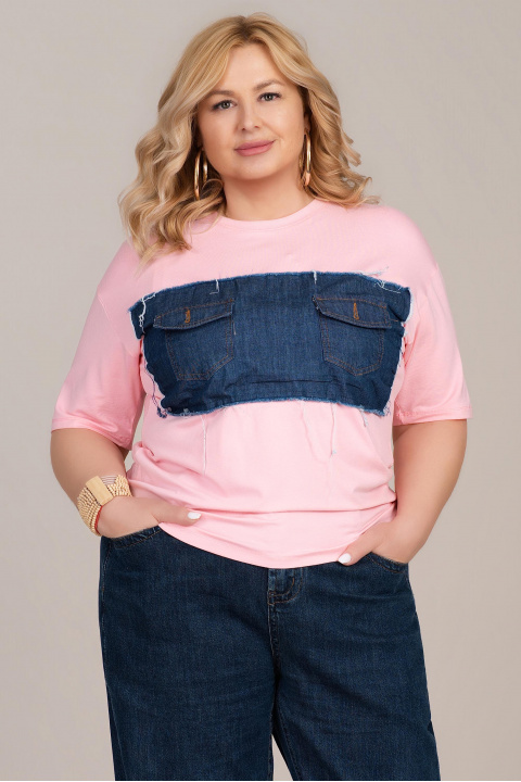 МАКСИ тениска в розово с апликация от деним