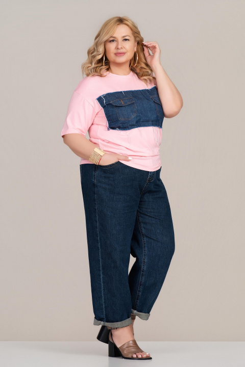 МАКСИ тениска в розово с апликация от деним