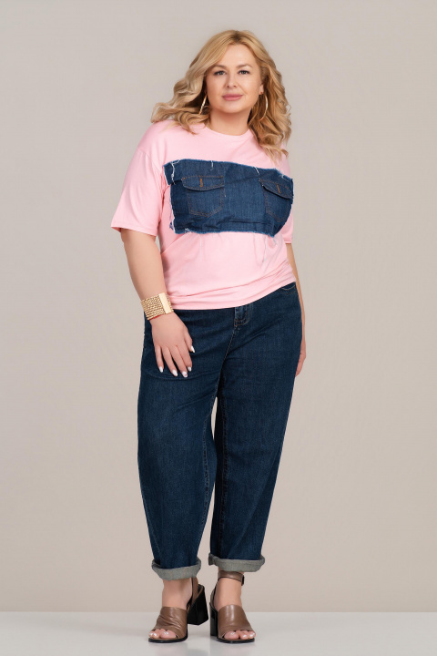 МАКСИ тениска в розово с апликация от деним