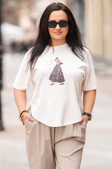 Макси туника от еластична материя в бяло с артистична декорация