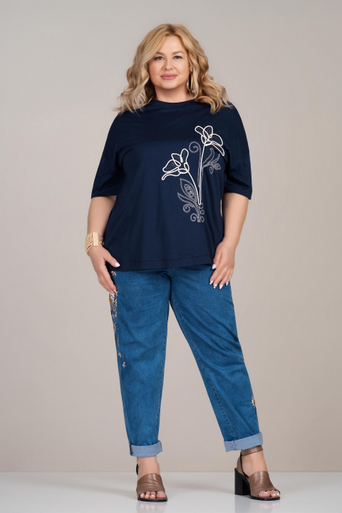 Макси туника от памук и вискоза в тъмносиньо с бродерия и пайети