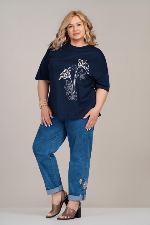 Макси туника от памук и вискоза в тъмносиньо с бродерия и пайети