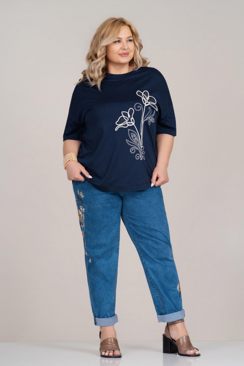 Макси туника от памук и вискоза в тъмносиньо с бродерия и пайети