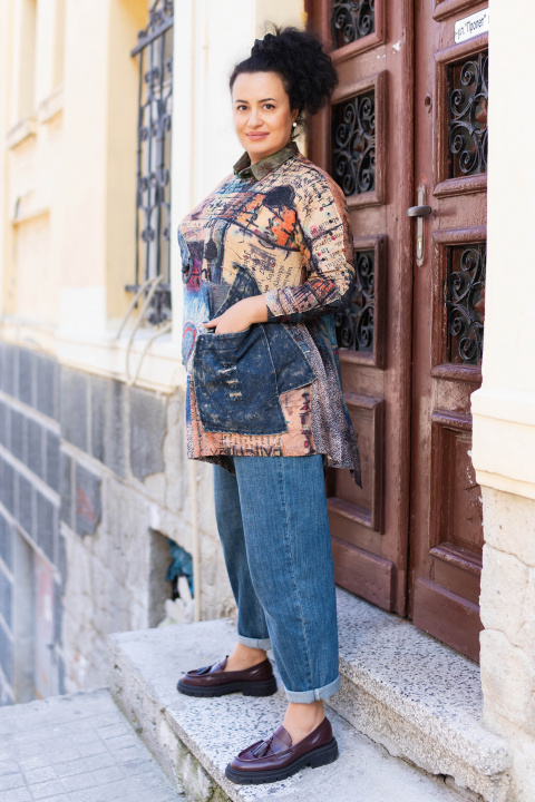 МАКСИ туника с асиметричен силует с ефект деним и принт сърце