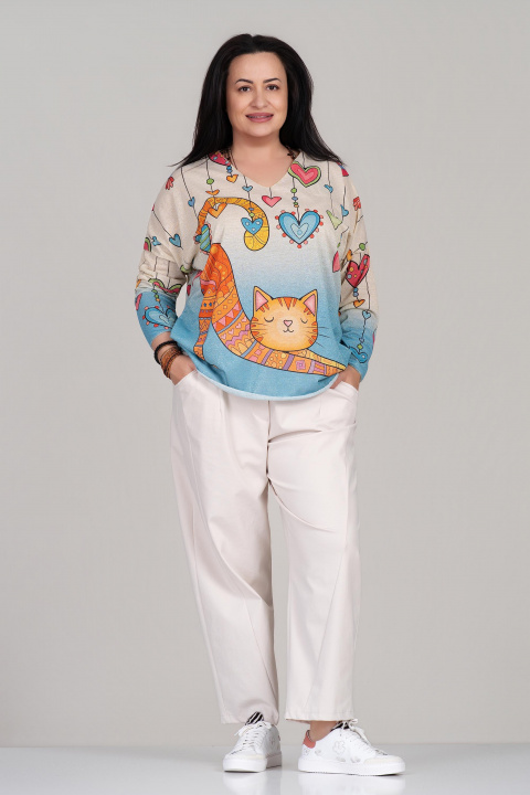 МАКСИ туника с омбре ефект в синьо и принт котка с цветни сърца