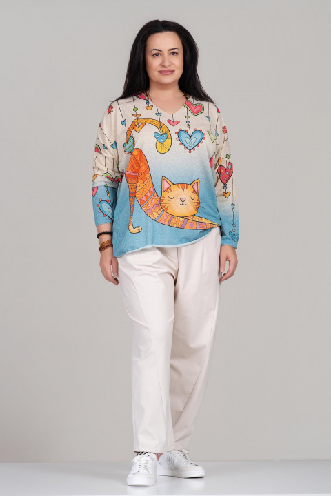 МАКСИ туника с омбре ефект в синьо и принт котка с цветни сърца