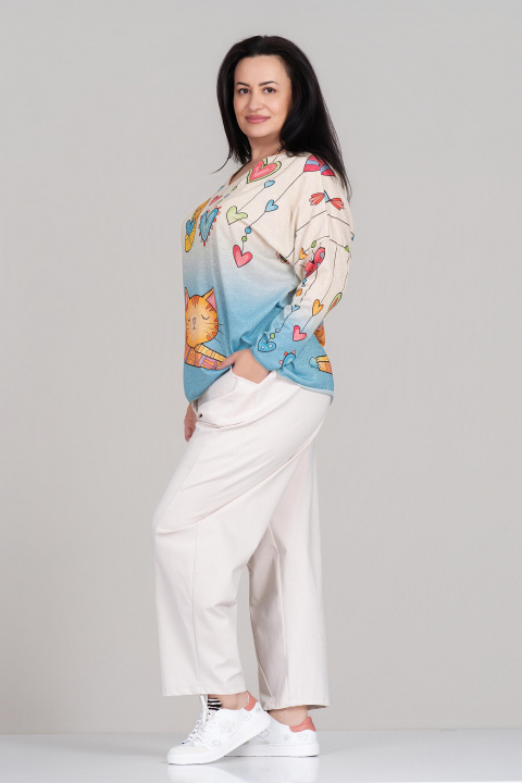 МАКСИ туника с омбре ефект в синьо и принт котка с цветни сърца