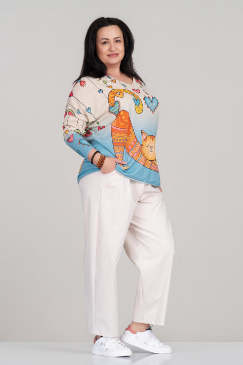 МАКСИ туника с омбре ефект в синьо и принт котка с цветни сърца