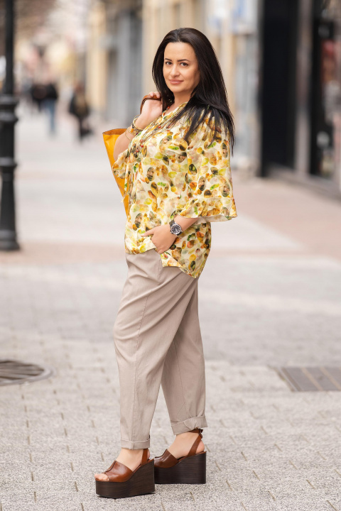 Макси туника с принт в кафяво, зелено и жълто