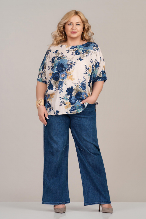 Макси туника в бежово с флорален принт в тъмносиньо