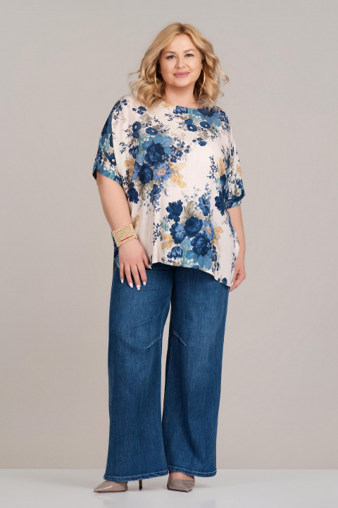 Макси туника в бежово с флорален принт в тъмносиньо