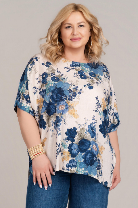 Макси туника в бежово с флорален принт в тъмносиньо