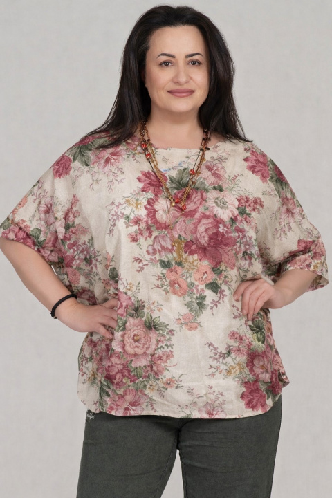 Макси туника в бежово с розов флорален принт и свободна кройка