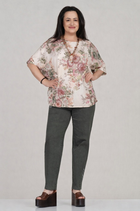 Макси туника в бежово с розов флорален принт и свободна кройка