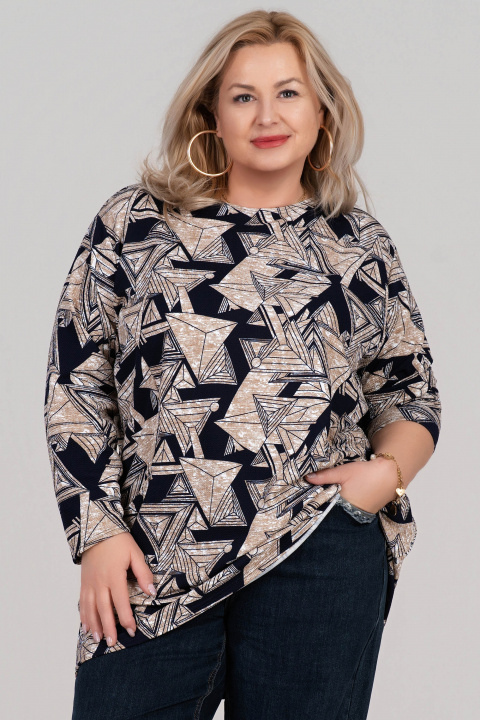 Макси туника в бежово със син геометричен принт