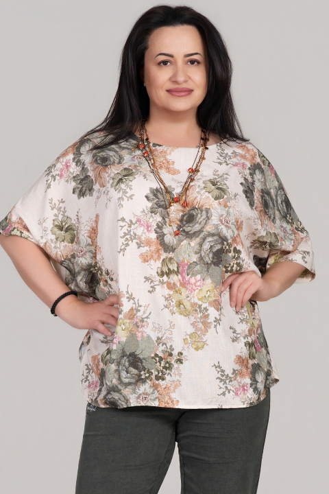 Макси туника в бежово със зелен флорален принт и свободна кройка