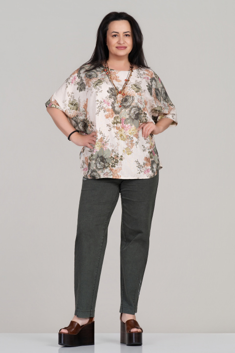 Макси туника в бежово със зелен флорален принт и свободна кройка