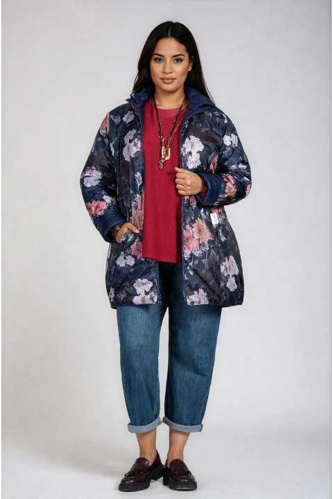 МАКСИ тънко двулицево яке в тъмносиньо с флорална подплата