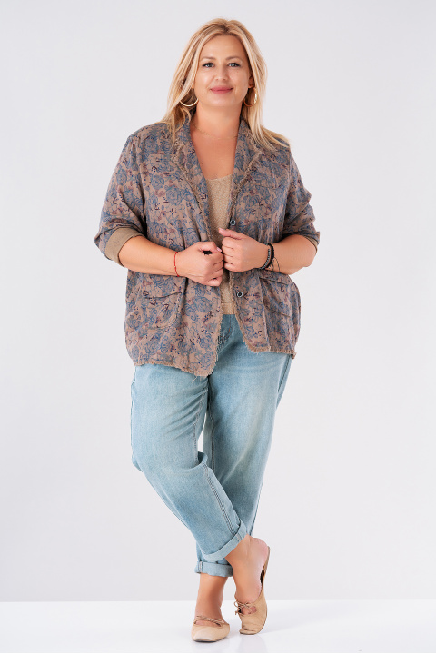 МАКСИ тънко сако от памук в бежово с принт сини рози и накъсвания по края