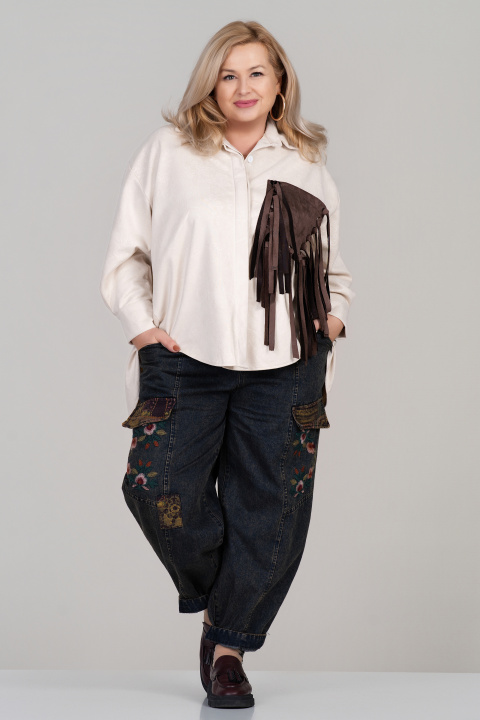 МАКСИ велурена риза в светлобежово с кафяв джоб с ресни