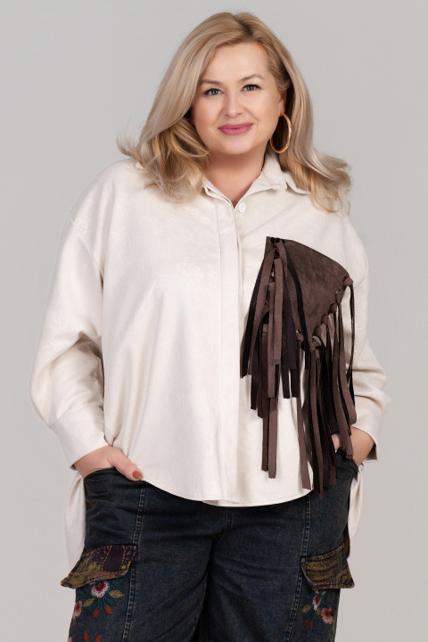 МАКСИ велурена риза в светлобежово с кафяв джоб с ресни