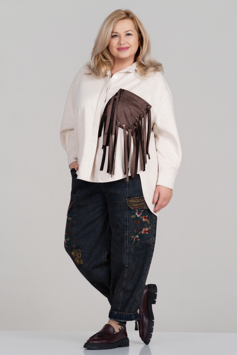 МАКСИ велурена риза в светлобежово с кафяв джоб с ресни